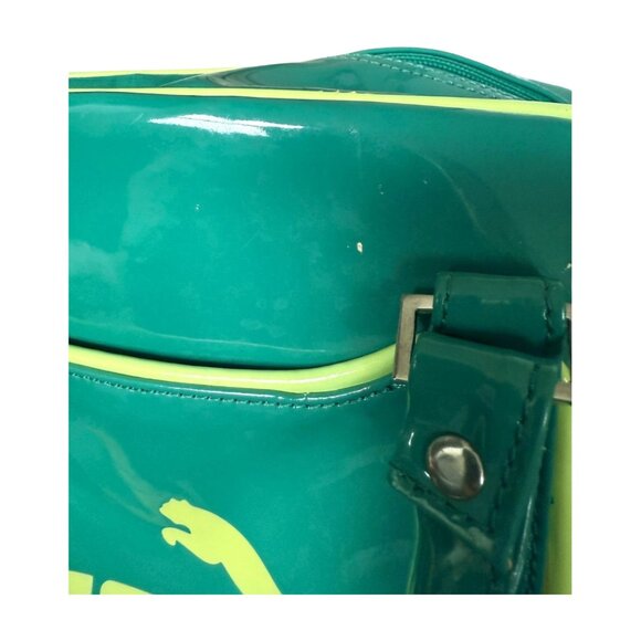 Puma Green Patent Tote Bag | Retro Y2K Gym Duffel Purse with Yellow Trim & Logo - Picture 8 of 9